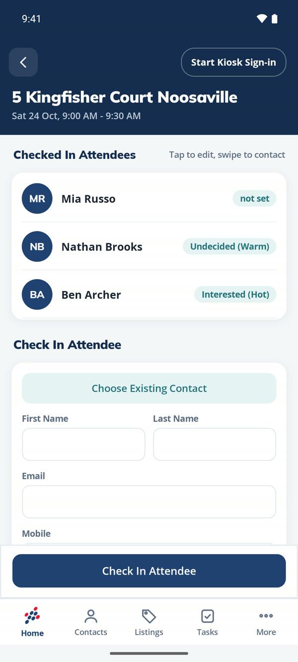 Open home check-in in the Mantis Sales app