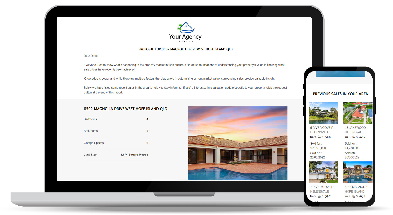 A MantisProperty digital proposal on a laptop and phone, with property details and recent sales in the area