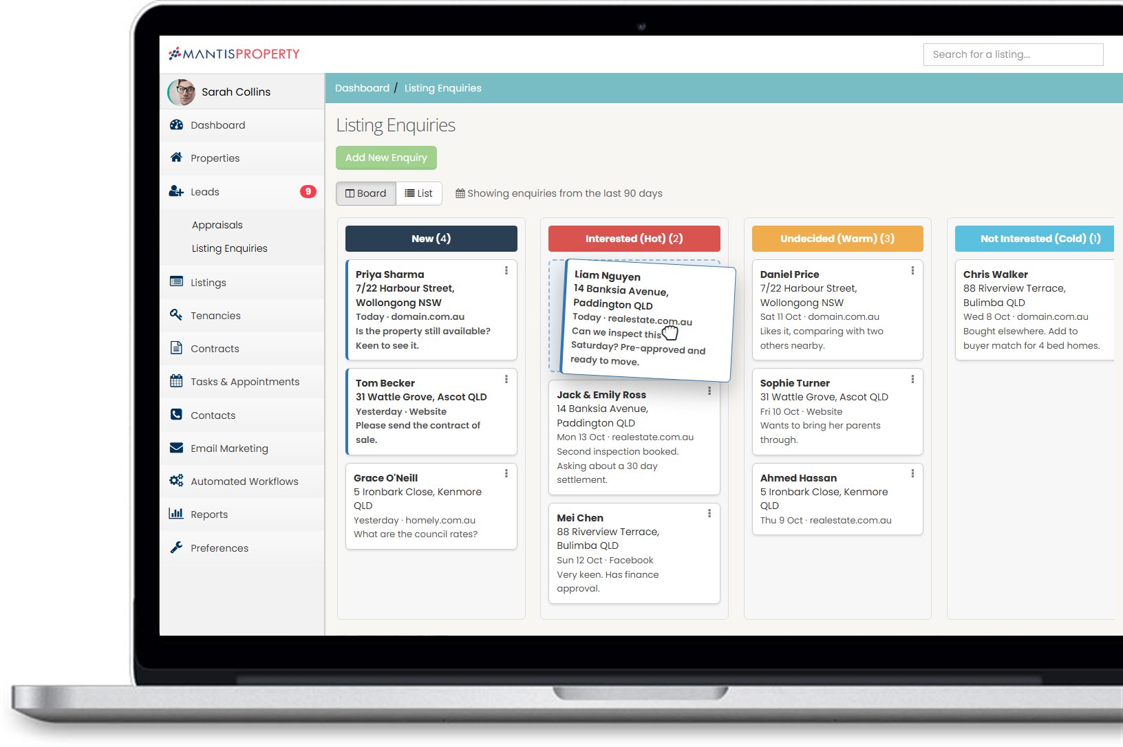 Listing enquiries board in MantisProperty