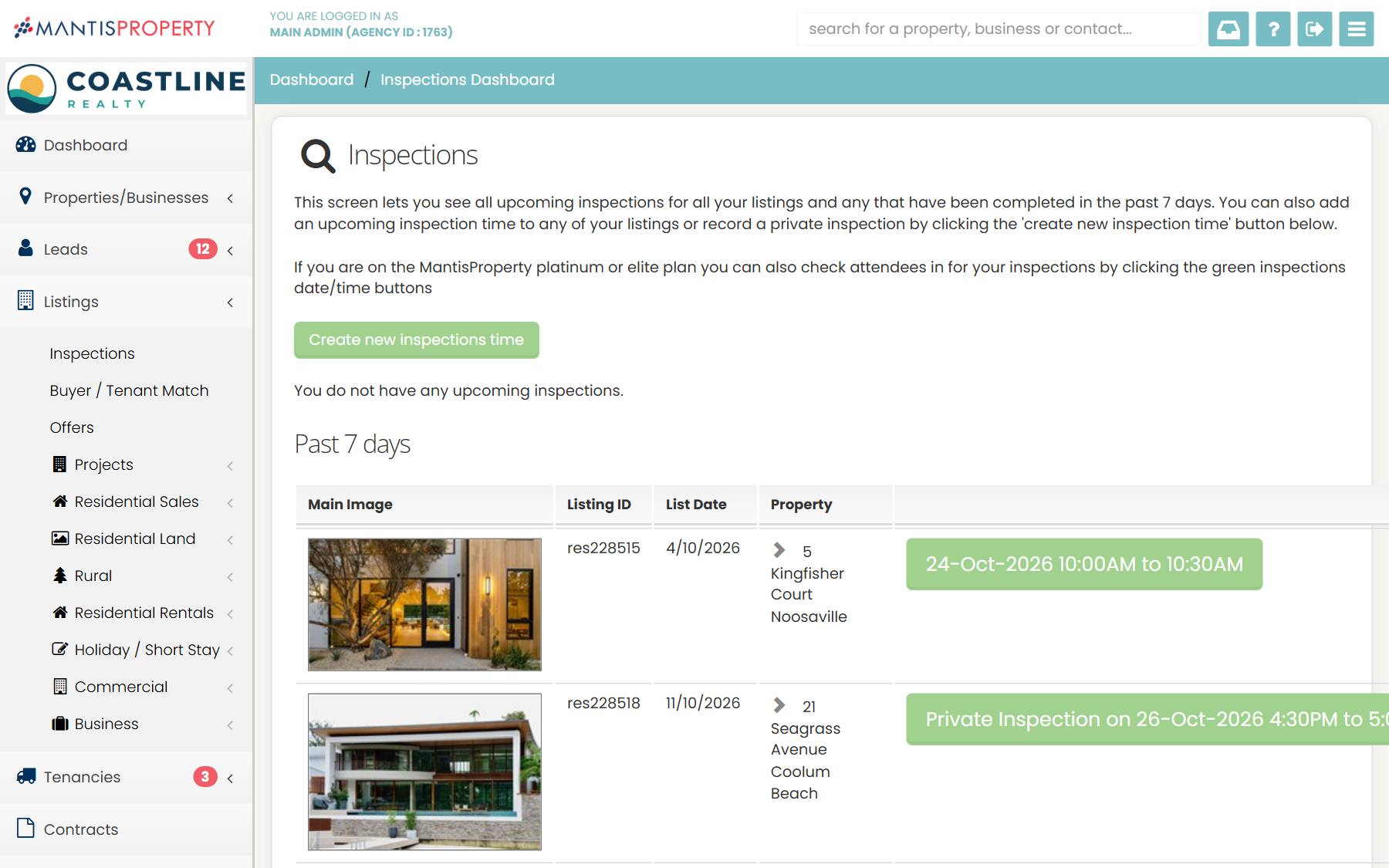 Inspections dashboard in MantisProperty with upcoming open homes