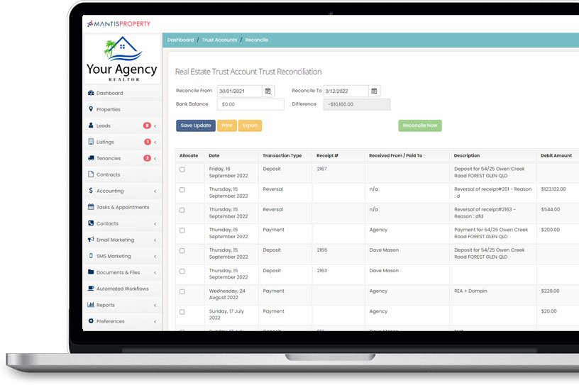 Trust account reconciliation in MantisProperty